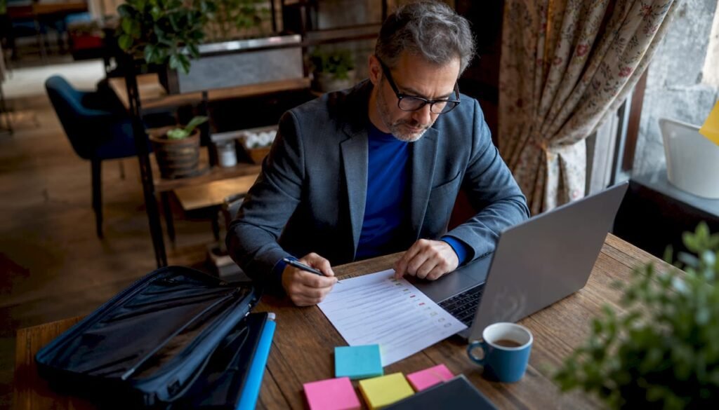 Ein Mann sitzt am Schreibtisch und prüft die Checkliste für den Website-Relaunch.