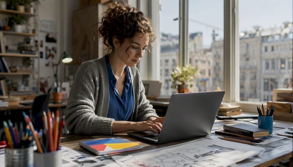 Ein Webdesigner sitzt am Schreibtisch und prüft aufmerksam seine Wireframes.