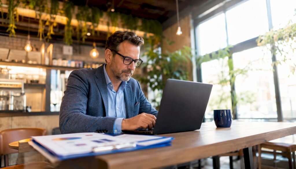 Ein Unternehmer prüft im Coworking-Space verschiedene Website-Baukasten-Anbieter und vergleicht deren Funktionen.