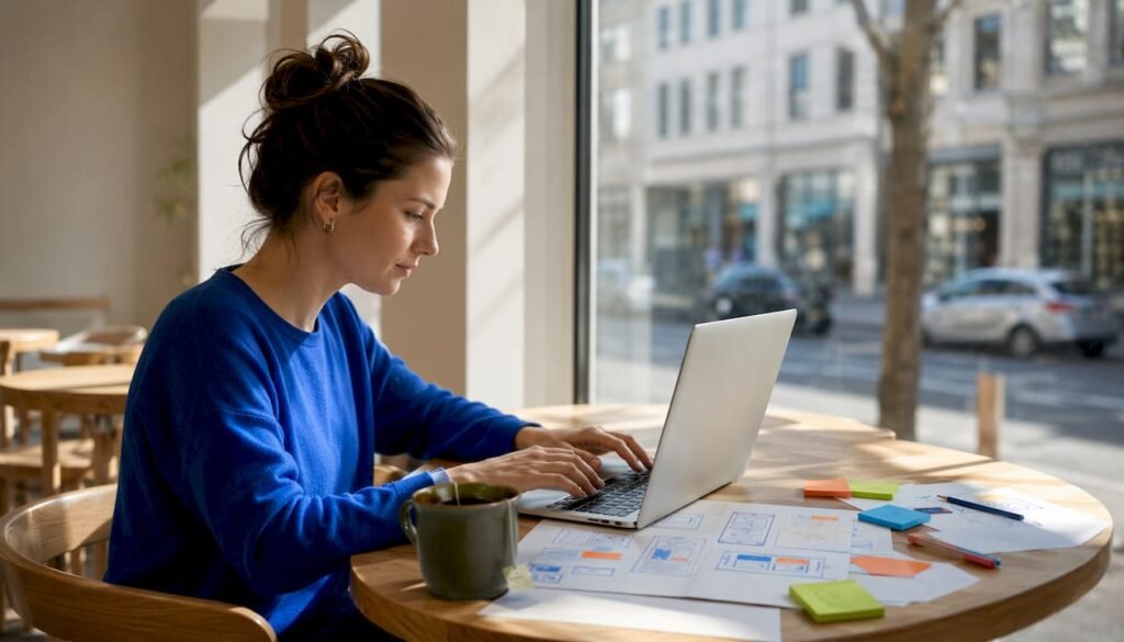 Eine Frau arbeitet am Laptop in einer modernen, mobil optimierten Arbeitsumgebung.
