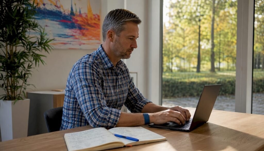 Ein Mitarbeiter entwickelt im Büro eine Social-Media-Strategie.