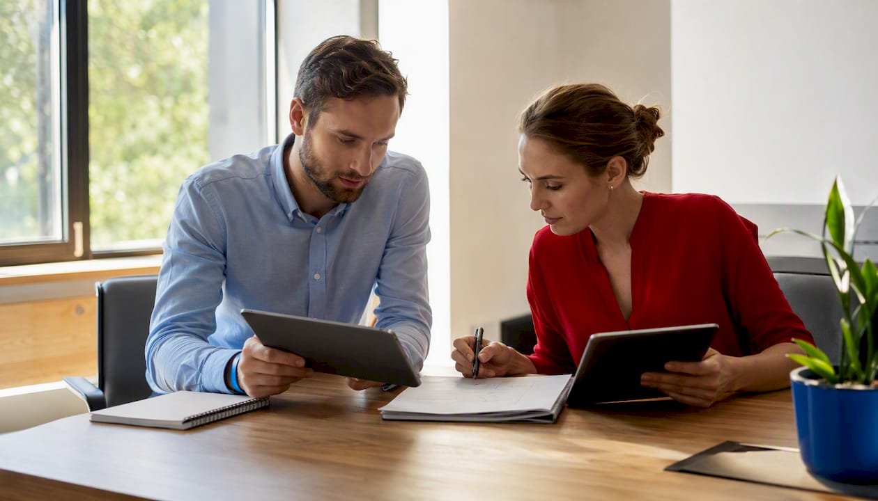 Zwei Personen vergleichen verschiedene Social-Media-Apps auf ihren Tablets.