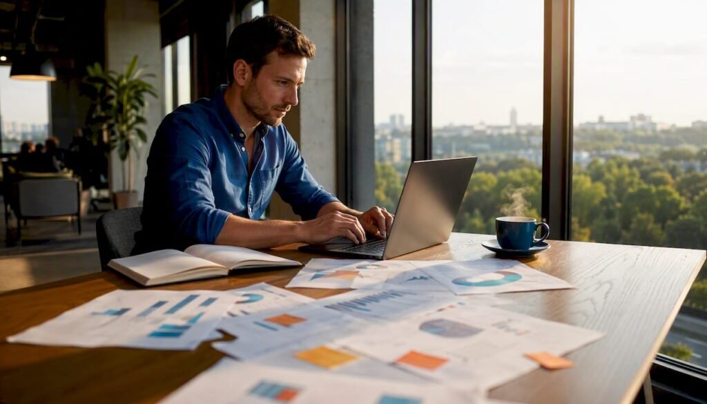 Eine Person sitzt am Laptop und vergleicht die Vor- und Nachteile von Wix und WordPress.