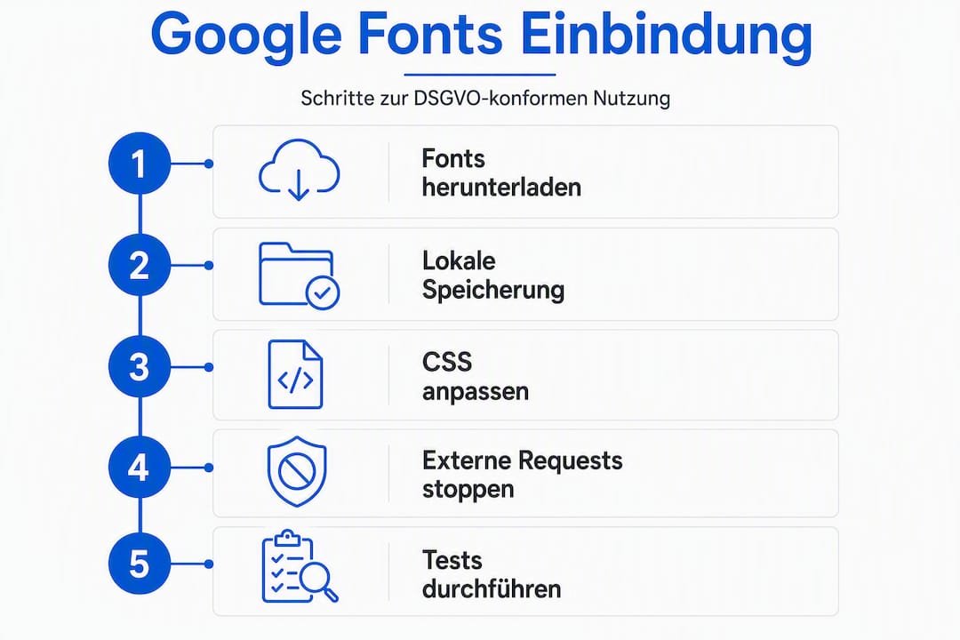Schritt-für-Schritt-Infografik: So binden Sie Google Fonts datenschutzkonform lokal auf Ihrer Website ein