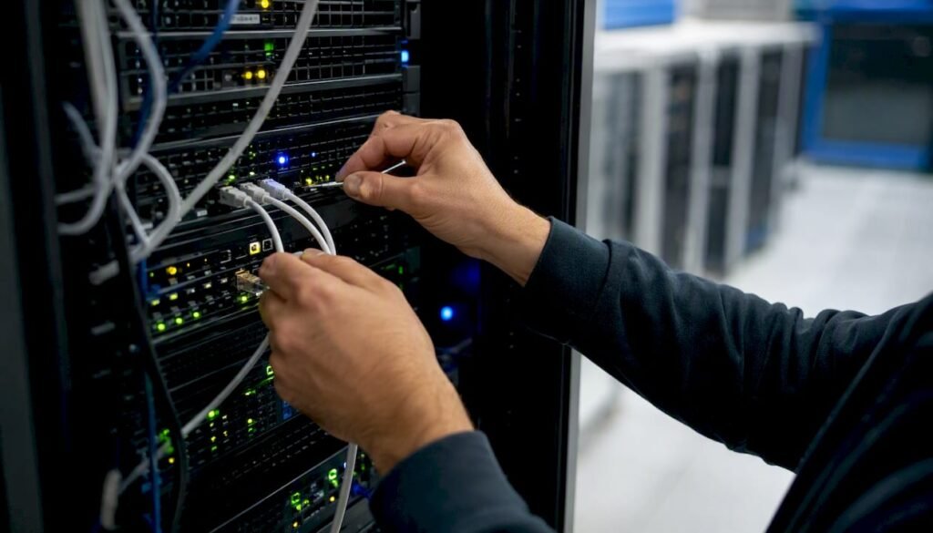 Ein Techniker überprüft und wartet die Hardware im Serverraum.