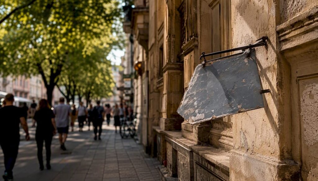 Schild eines lokalen Geschäfts vor verschwommenem Stadtplan auf dem Smartphone