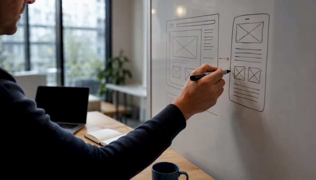 Mit einem Marker werden auf dem Whiteboard erste Entwürfe für das Webseiten-Layout skizziert.