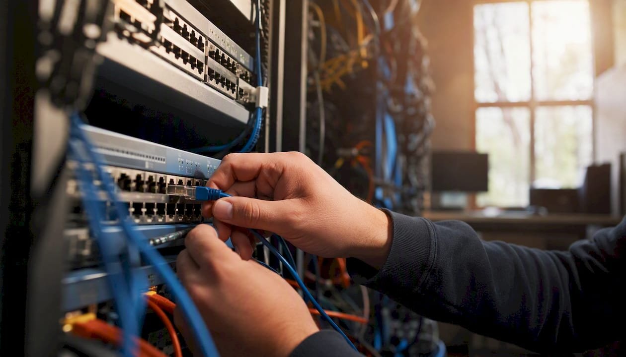 Hände ordnen und verbinden Netzwerkkabel im Serverschrank.