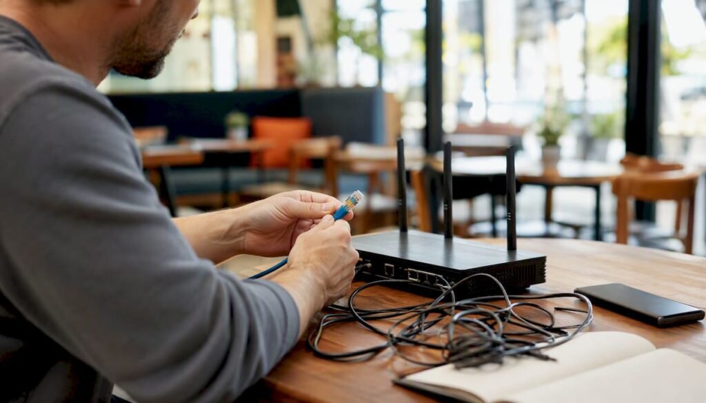 Ein Paar Hände steckt gerade ein Netzwerkkabel in einen Router.
