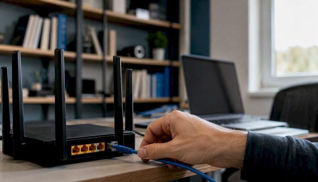 Eine Hand steckt ein Netzwerkkabel in den Router.