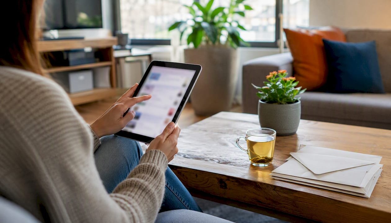 Mit den Händen wird auf einem Tablet gestöbert und digitale Inhalte entdeckt.