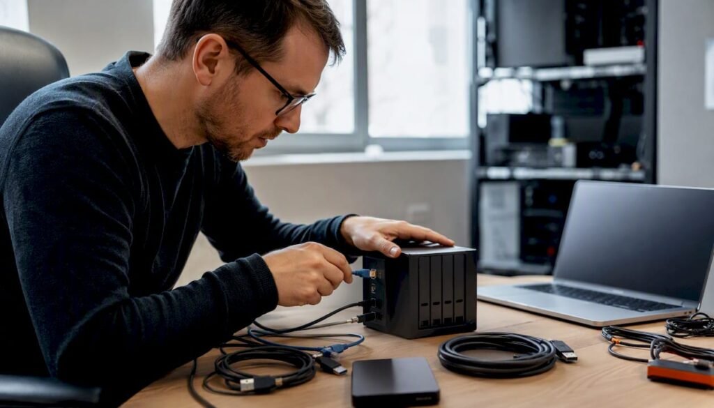 Ein Paar Hände schließt gerade eine externe Festplatte an und verbindet die passenden Kabel.