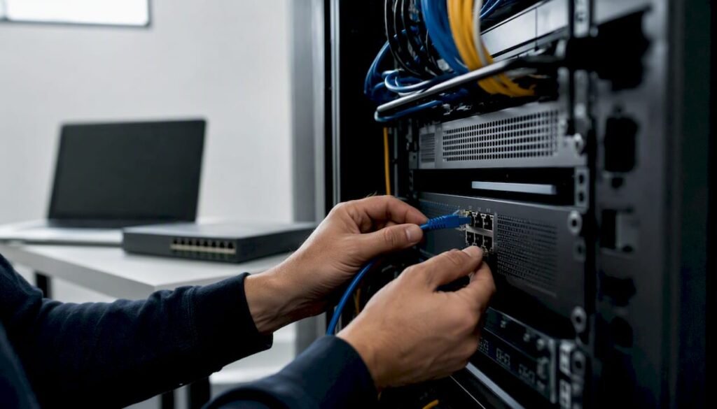 Hände schließen ein Netzwerkkabel im Serverschrank an.