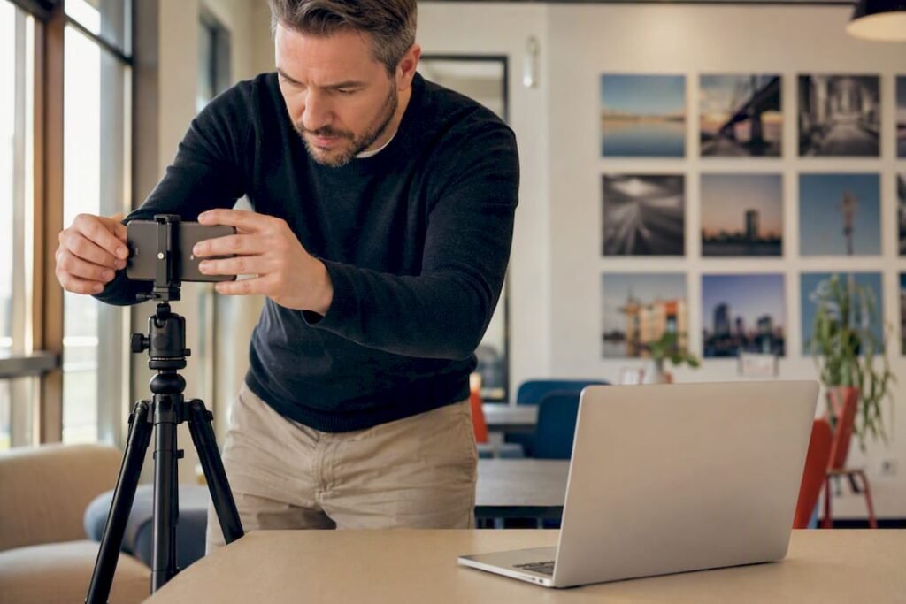 Eine Person bereitet ihr Smartphone für die Video-Identifikation vor.