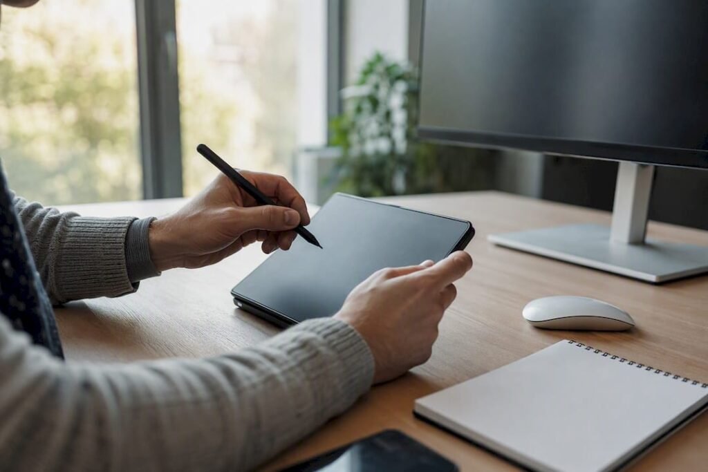 Hände richten Netzwerkkabel ein und arbeiten parallel mit einem digitalen Netzwerkplan.