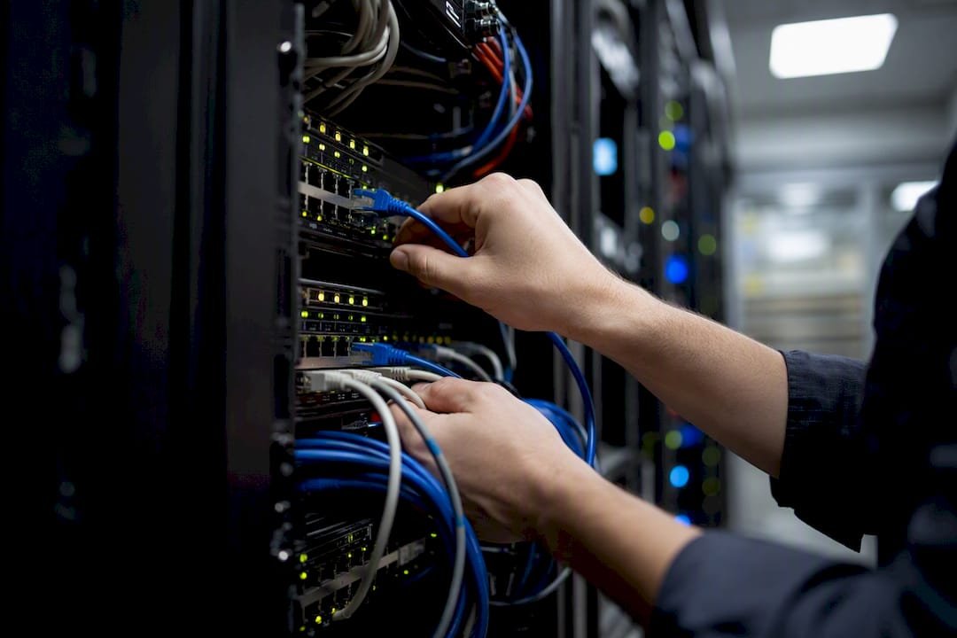 Hands wartet die Serverkabel vor Ort