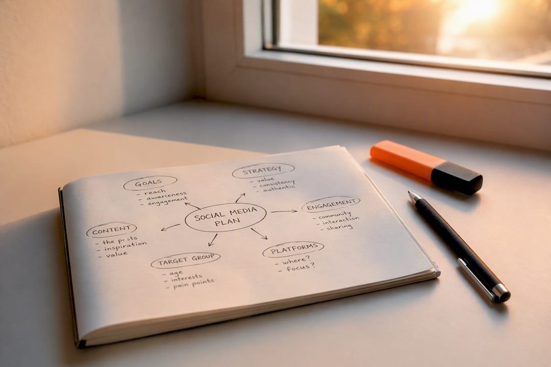Notizbuch mit handschriftlicher Tabelle zum Testen von Instagram-Posts