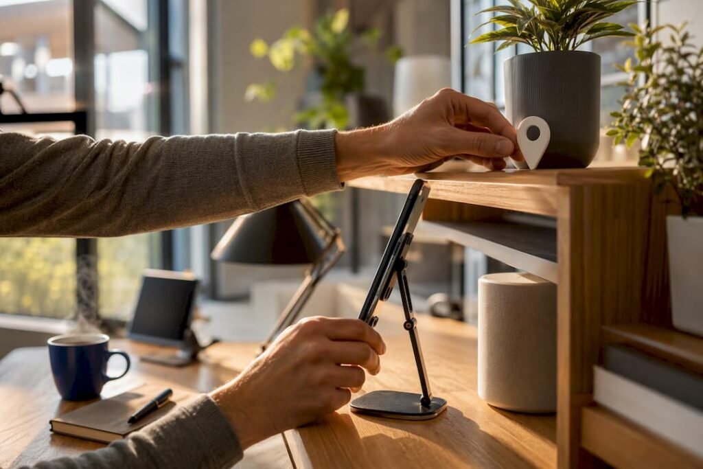 Hände, die einen Smartphone-Ständer mit Kartenmarker einstellen