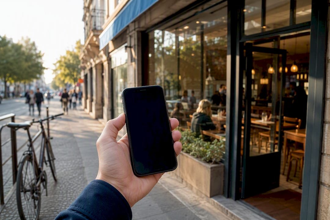 Smartphone wird draußen vor einer Bäckereifassade gehalten